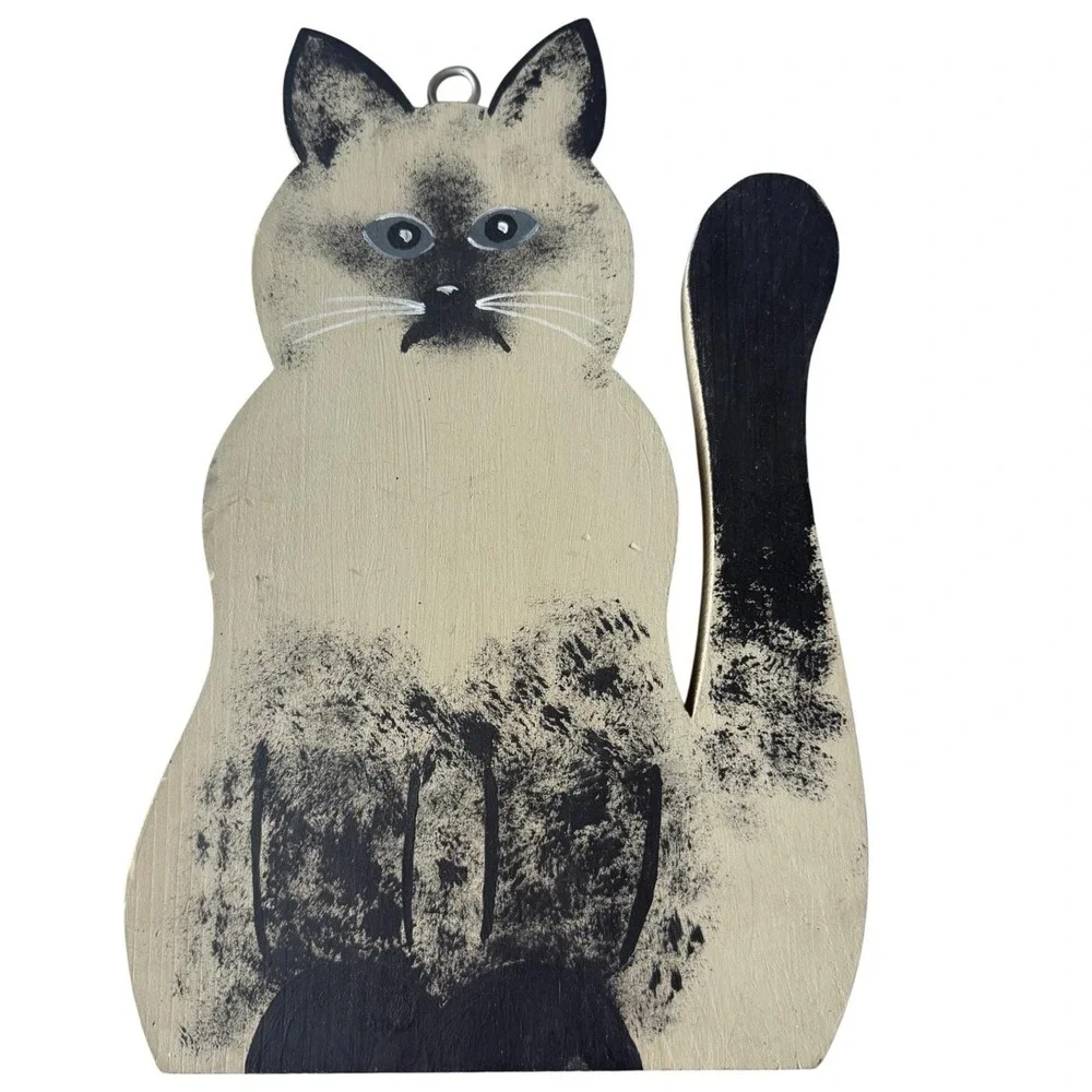 Vintage 1980 Folk Art Hand Painted Wood Cat art 2